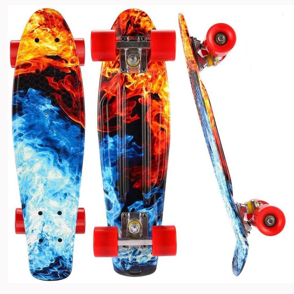 22" Beginner Adult Skateboard with Plastic Deck, Single Kick, and Water Transfer Design for Street Cruising.