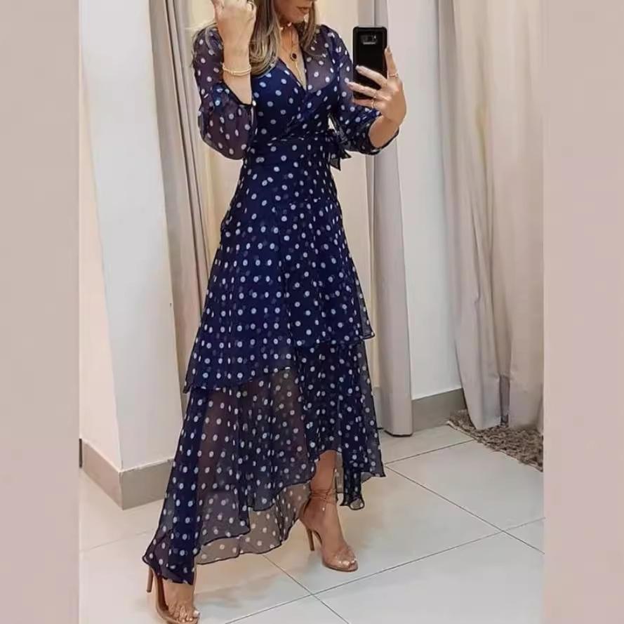 V-Neck Polka Dot Irregular Print Long Dress - Women’s Spring/Autumn Collection