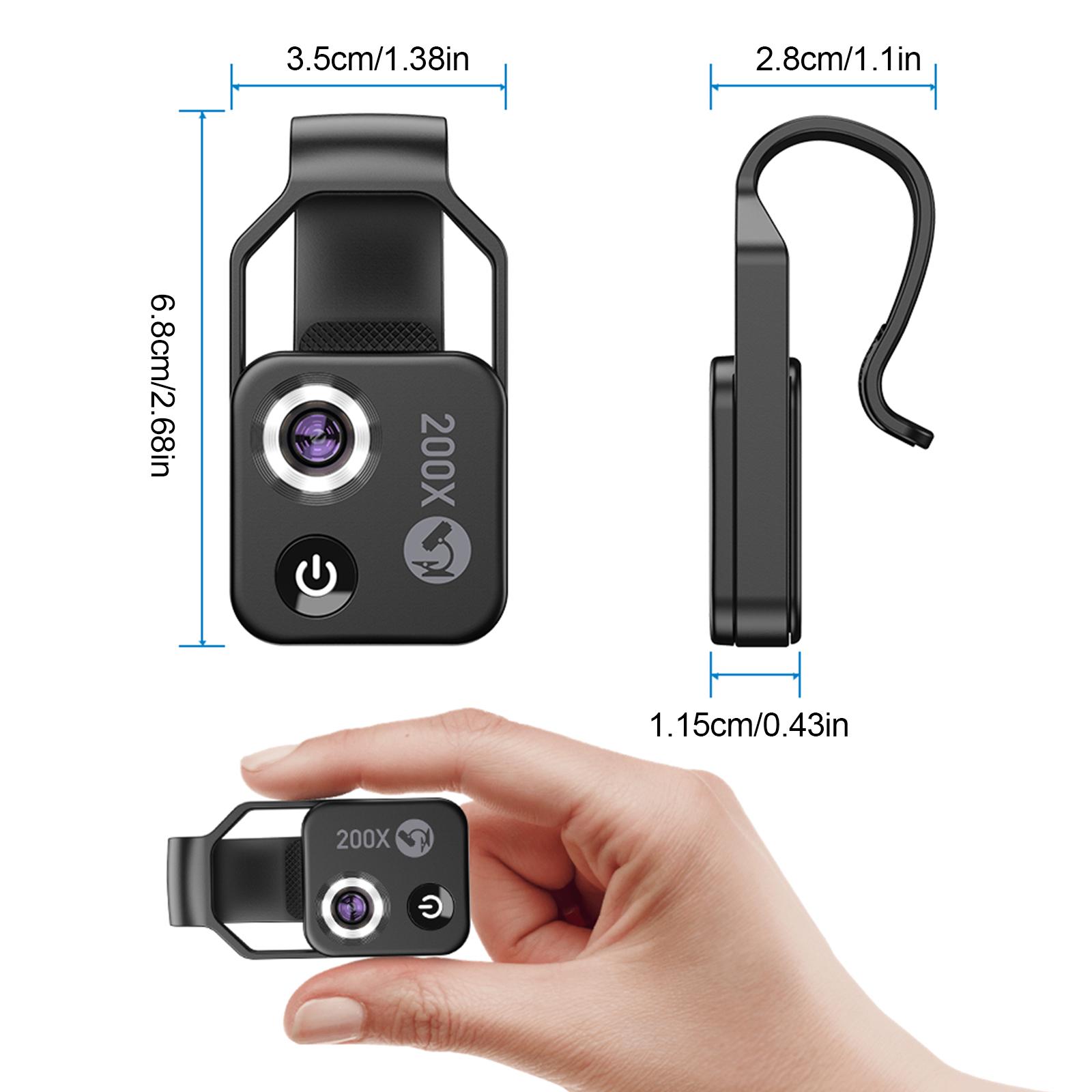 

200X Portable Digital Microscope Universal Clip Macro Lens Adapter with LED Light Clip-On for Most Smartphones 17.5g Ultra Light