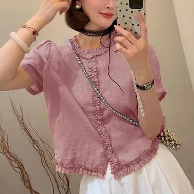 Summer Women Ruffle Trim Button Down Linen Short Sleeve Blouse