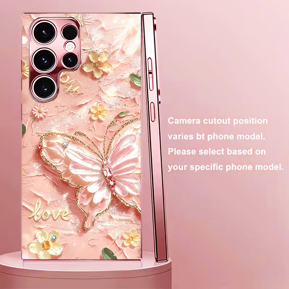 Pink Glitter Butterfly Fashion phone case s26 ultra case quad lock glass for Samsung Galaxy S26 S25 S24 S23 S22 FE Ultra Pl