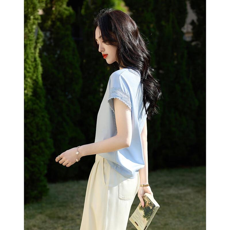 Demana Women's Summer V-Neck Lace Trim Mercerized Cotton T-Shirt