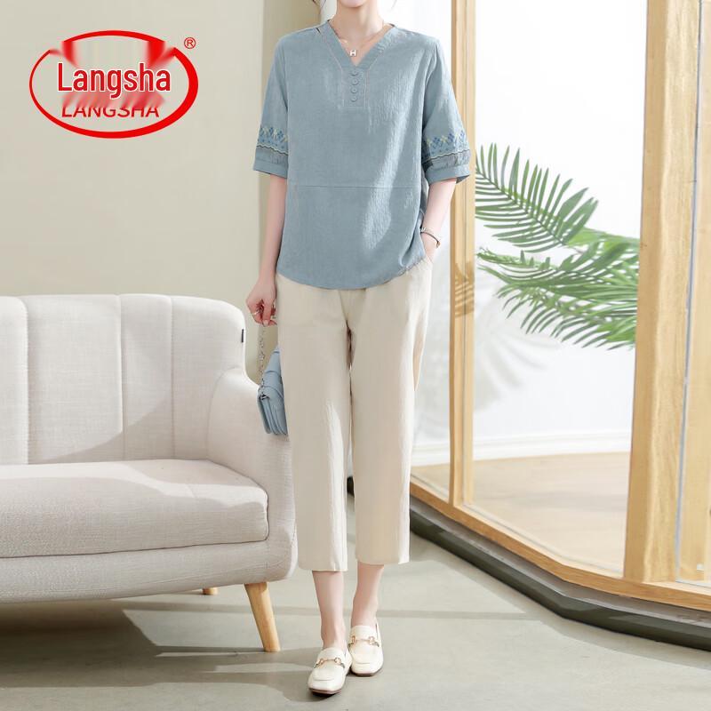 LangSha Women's Summer Cotton Linen Short Sleeve Two-Piece Set