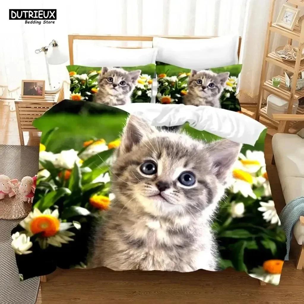 Luxury New 3D Print Cute Baby Cat Bedding Set White Black Kitten Bed Linen Single Double Duvet Cover Kids Girls Dogs Room Decor