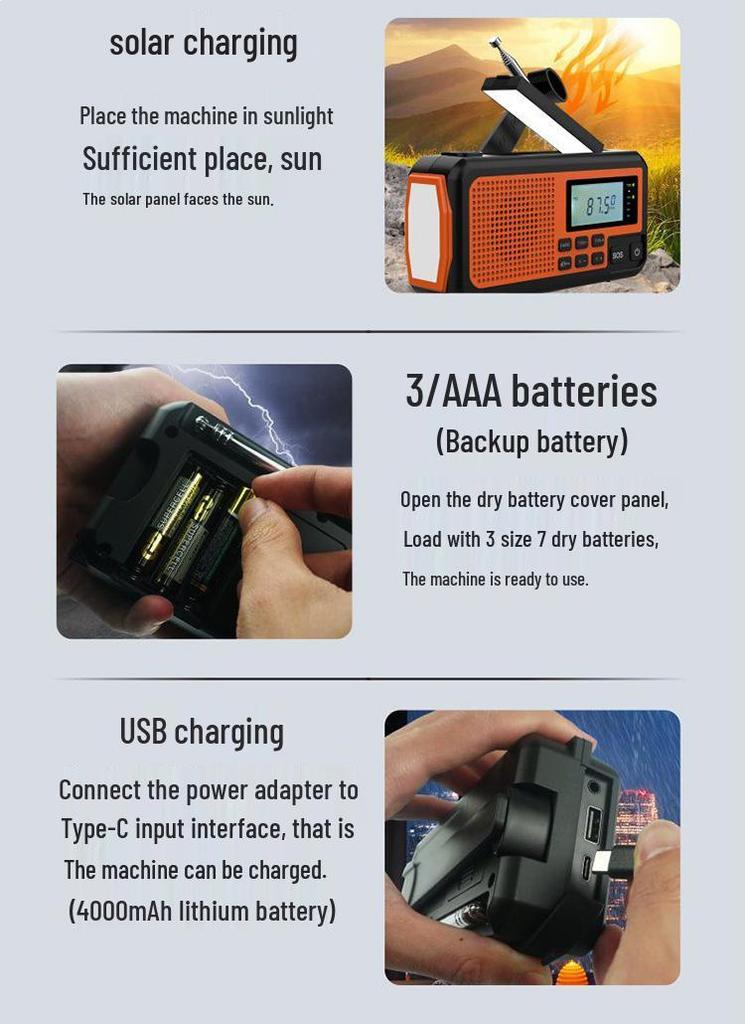 Solar-Powered Multi-Function Emergency Radio and Flashlight with Hand Crank and Power Bank