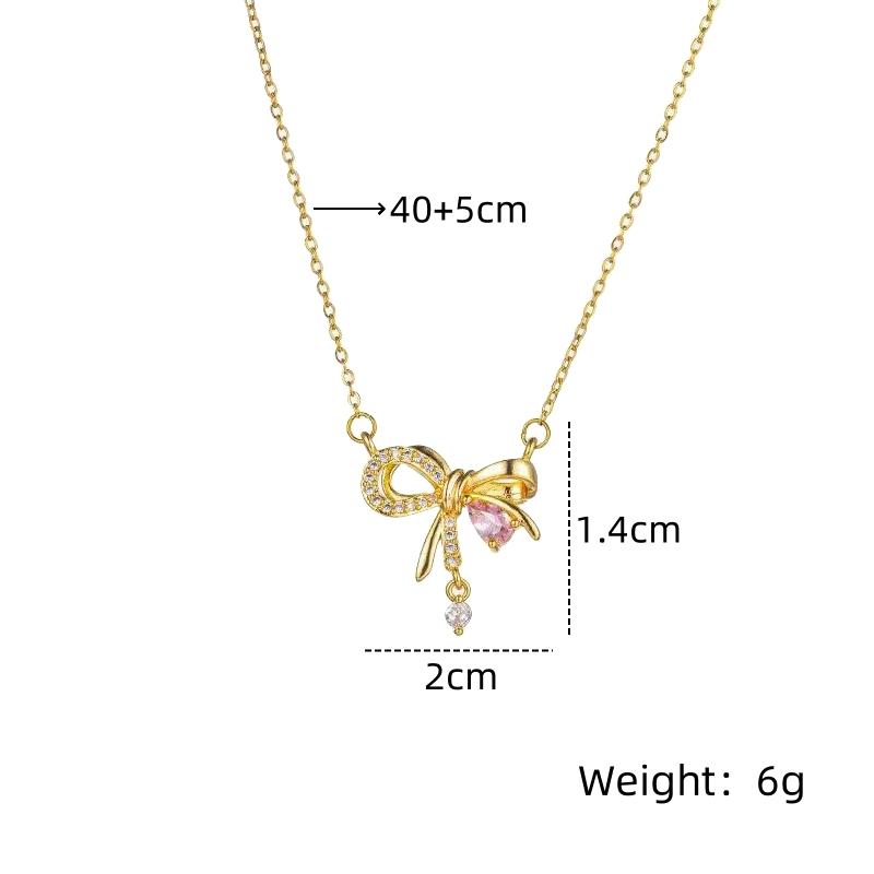 1 Pcs Pink Diamond Bow Copper Pendant Necklace Light Luxury Style Niche Sweet Hundred Necklace