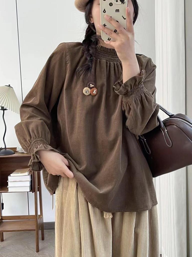 Johnature Casual Elasticated Corduroy Top Women Japanese Forest Balloon Sleeve Shirt Autumn Winter