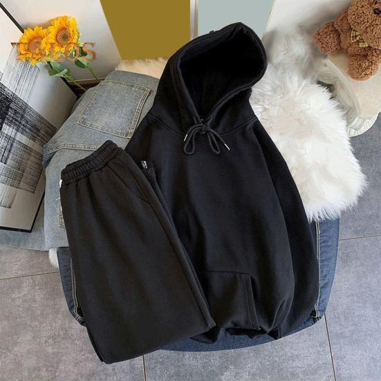 Conjunto de 2 piezas de traje deportivo para hombre, sudadera de manga larga con capucha y cordón, bolsillos grandes, pantalones deportivos de color sólido, ropa deportiva de estilo versátil