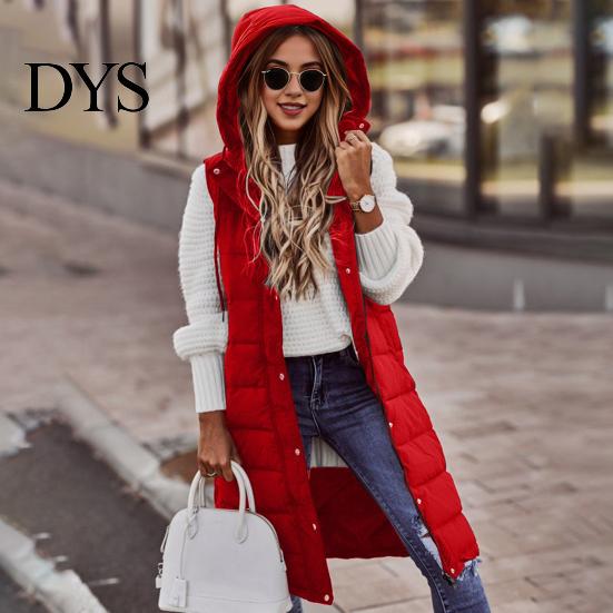 Winter Waistcoat Women Vest Coat Hooded Solid Color Zipper Closure Drawstring Padded Sleeveless Thick Mid Length Windproof Warm Lady Long
