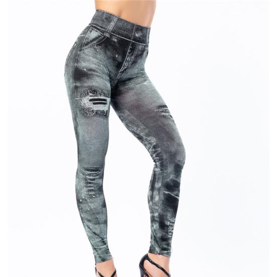 Multi Pockets Skinny Imitation Jeans Leggings Hip Lifting Ripped Holes Print Mid Waist Elastic Pants for Sports