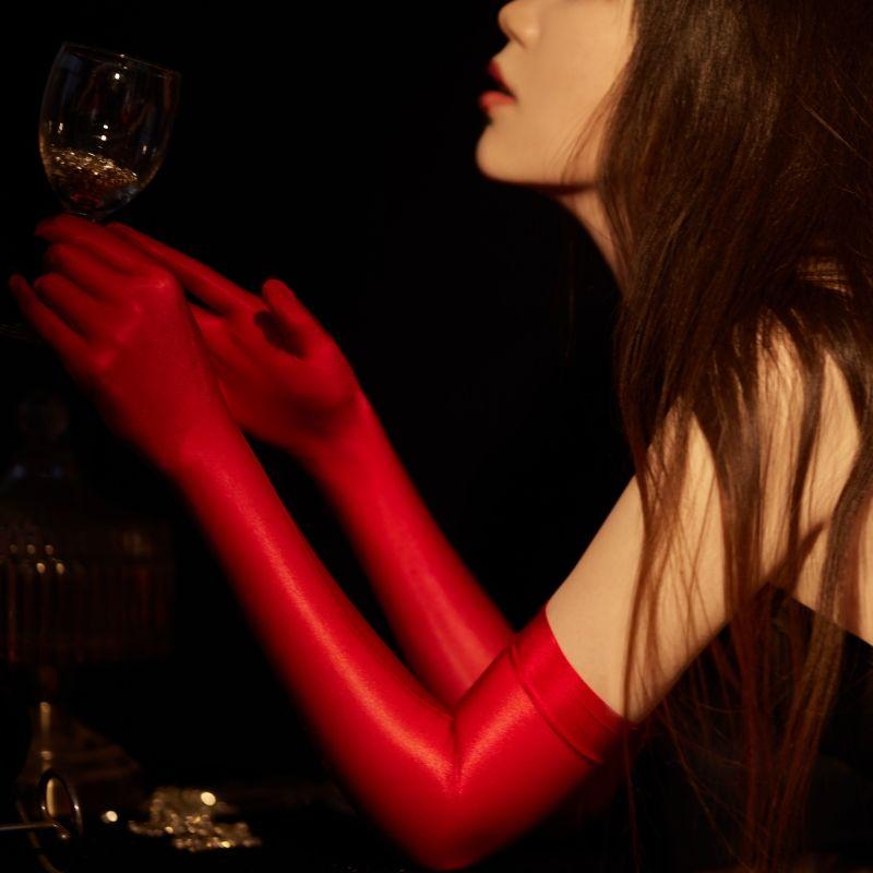 Thin Imitation Socks Over the Elbow Sexy Lace Shiny Silky Sun-Proof Wedding Dress Long-Sleeved Five-Finger Nightclub Gloves for Men and Women