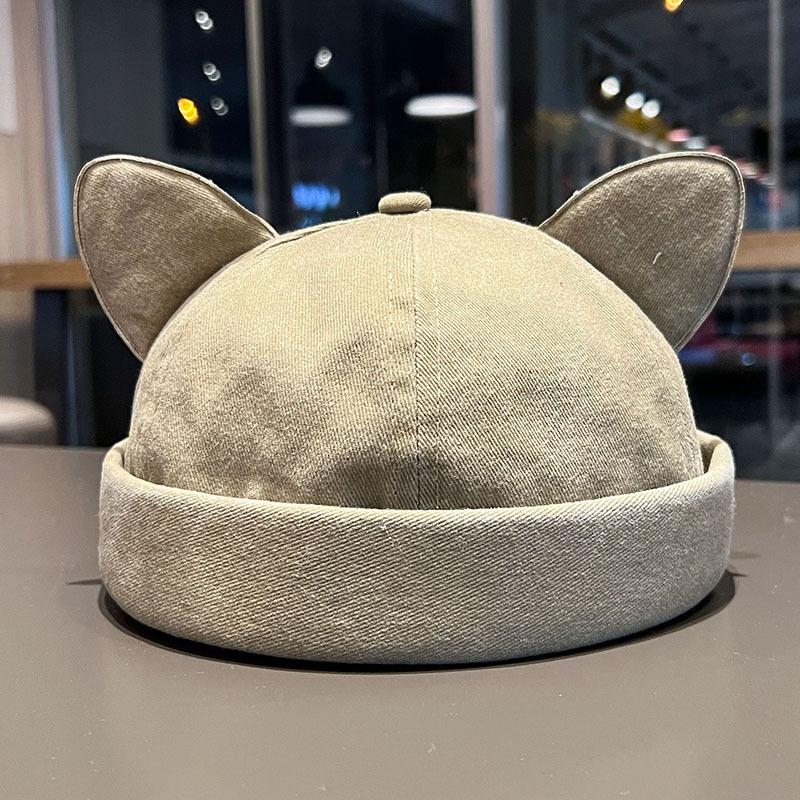 New Cute Cat Ears Melon Skin Cap Women Adjustable Fashion Versatile Brimless Dome Landlord Hat Men Denim Hip Hop Beanie Caps