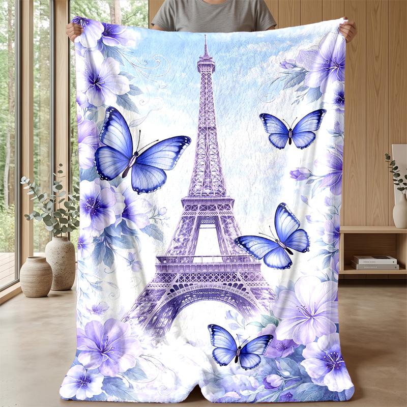 Eiffel Tower with Butterflies and Flowers Theme blanket Lightweight Warm Flannel Blanket Decorative Throw Blanket for Home Decoration