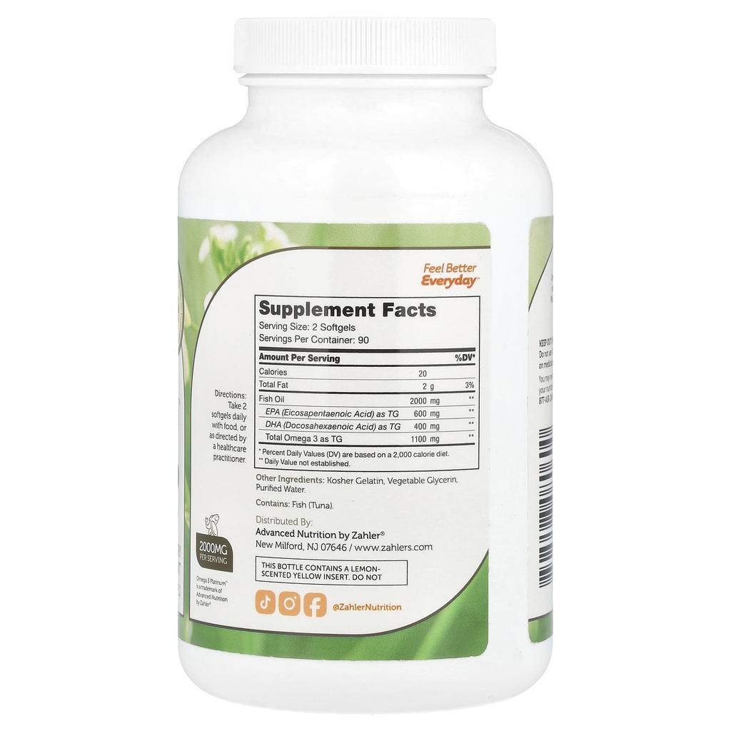 Omega 3 Platinum, Premium Omega 3 Fish Oil, 2,000Mg, 180 Softgels (1,000Mg per Softgel)