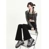 Women's Retro Gray High-Waist Micro-Flare Jeans with Frayed Hem – Slimming, Stretchy, Spring/Autumn Style