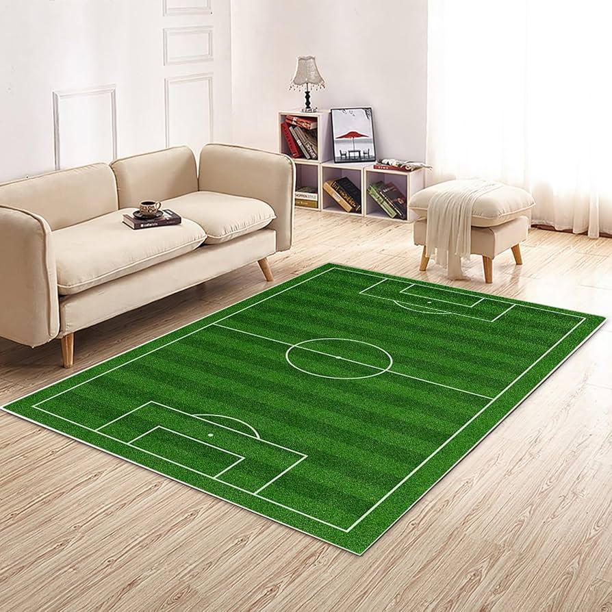 Realistic Soccer Field Pattern Non Slip Area Rug Soft Comfortable Kids Play Carpet for Bedroom Living Room Game Room
