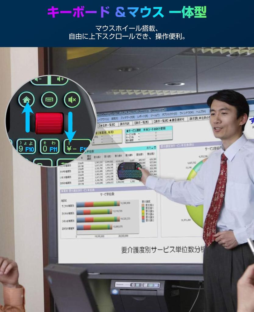 Ewin Mini Sans Fil avec Pavé Tactile et Souris Clavier Intégré USB et Compatible Japonais, 2,4 GHz, Molette, Disposition, Rétroéclairage 8 Couleurs, Souris, Récepteur,