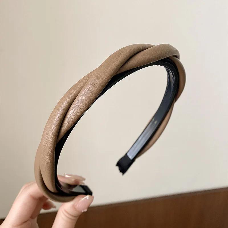PU Leather Women Headband Simple Cross Twisted Head Hoop Imitation Thin Hair Hoop Non-slip Hairbands With Teeth Hair Accessories