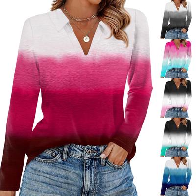 Damenmode Lässig Revers Kurz Langarm Druckhemd Damen V-Ausschnitt Tops