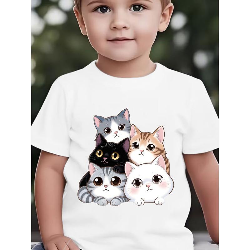 Boys Summer Crewneck T-Shirt, Cute Cartoon Cat Print Soft Breathable Short Sleeve Casual Top 110 белый
