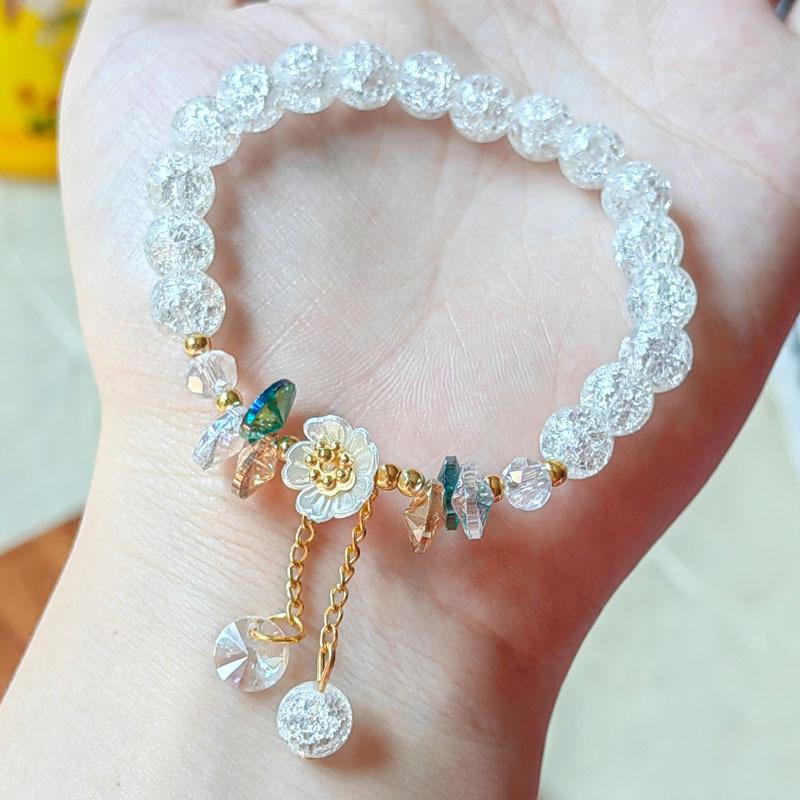 Cute Green Crystal Bead Bracelet for Women Trendy Lily Valley Flower Charm Elastic Adjustable Bracelet Wedding Birthday Jewelry