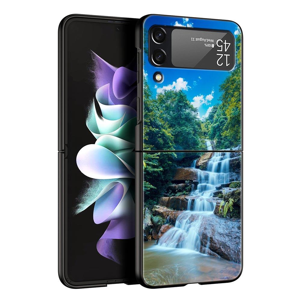 Z Flip 4 Phone Case for Samsung Galaxy Z Flip 3 5G ZFlip3 Flip3 Zflip Flip4 Black Hard Cover Waterfall Nature Trees Ship Shell