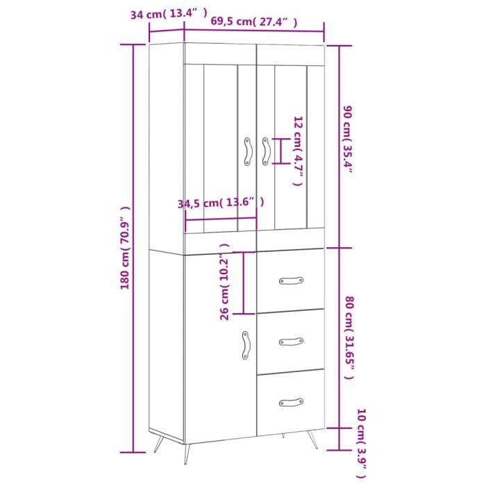 VidaXL Buffet haut Blanc 69,5x34x180 cm Bois d'ingénierie 3198441