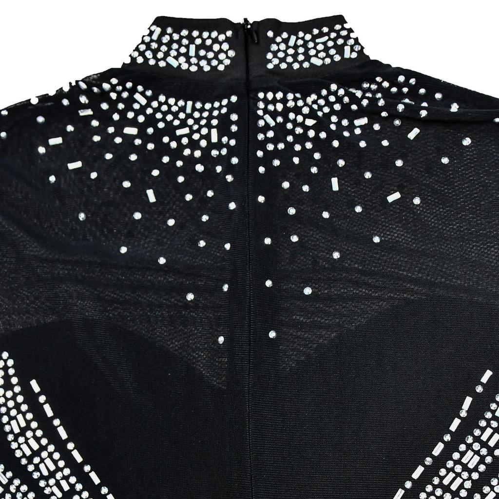 European and American Fashion Women's Solid Color Mesh Rhinestone Long Sleeve Mini Dress