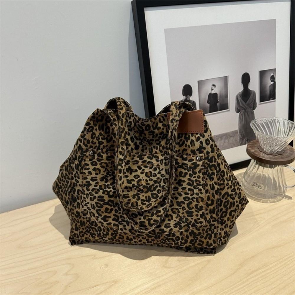 Korean Style Leopard Print Shoulder Bag Large Capacity Women Handbag Simple Canvas Tote Bag Sports