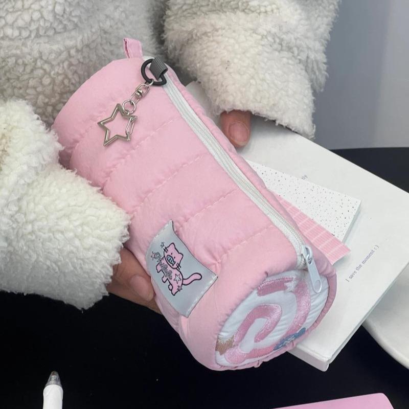 

Cartoon Roll Shape Pink Pencil Case Cute Storage Bag Student Large-capacity Simple Stationery Bag Birthday Gift