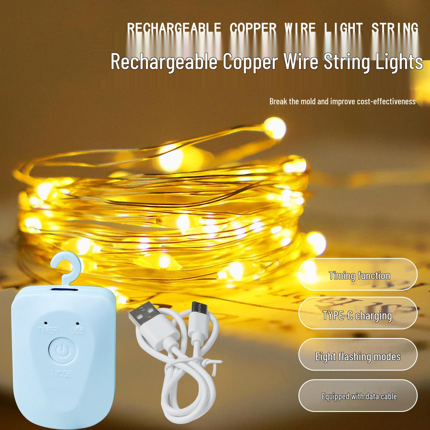 

LED Rechargeable Copper Wire String Lights - Christmas & Valentine s Day Decoration Copper Wire - White