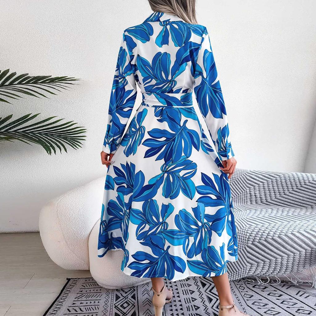 Dámské módní květinové šaty s dlouhým rukávem a potiskem