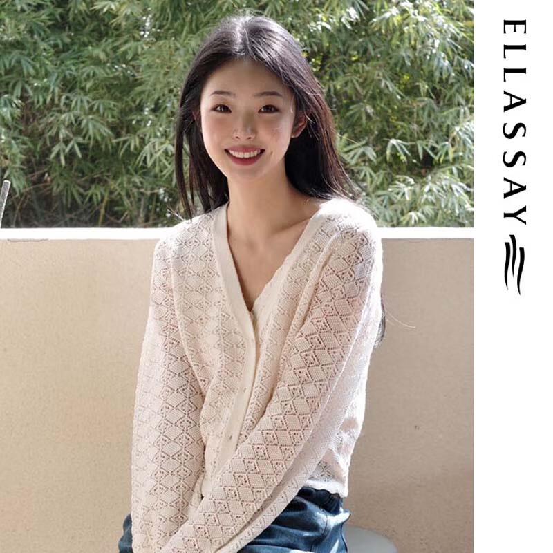ELLASSAY Elegant Hand-Crocheted Hollow Knit Cardigan EWB361M00200