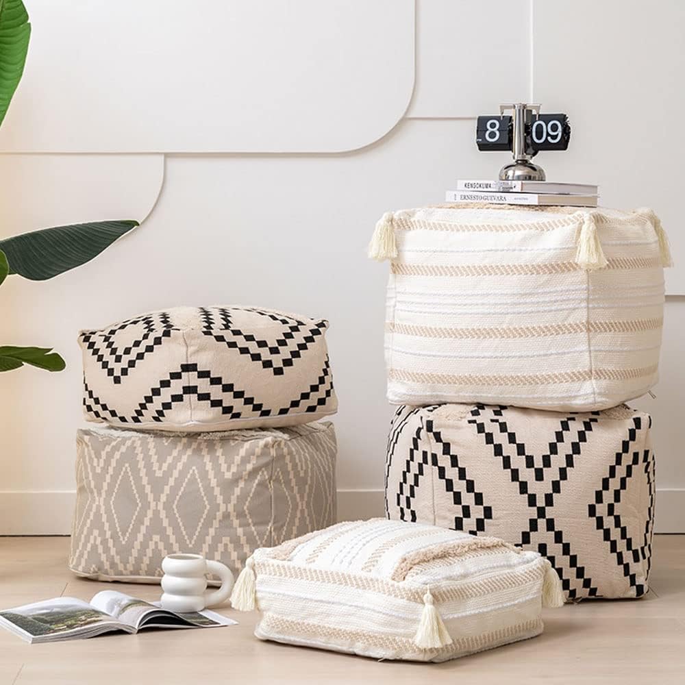 MOCOFO Decorative Square Pouf Cover for Bedroom Boho Cotton Unstuffed Pouf Footstool (Black Diamond,18x18x18)