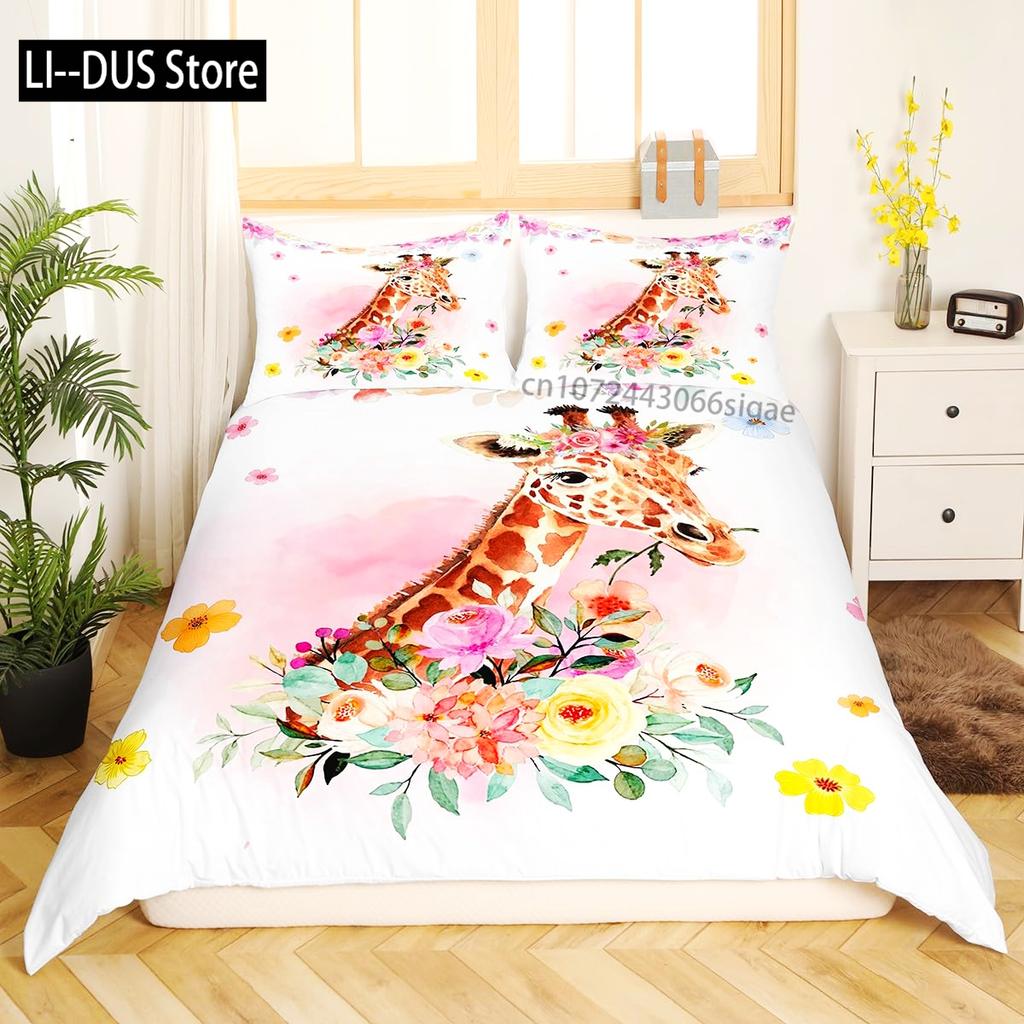 Giraffe Duvet Cover Queen,Tropical Wild Animal Comforter Cover 3pcs, Soft Bedding Set,Romantic Giraffe Bedroom Decor Quilt Cover