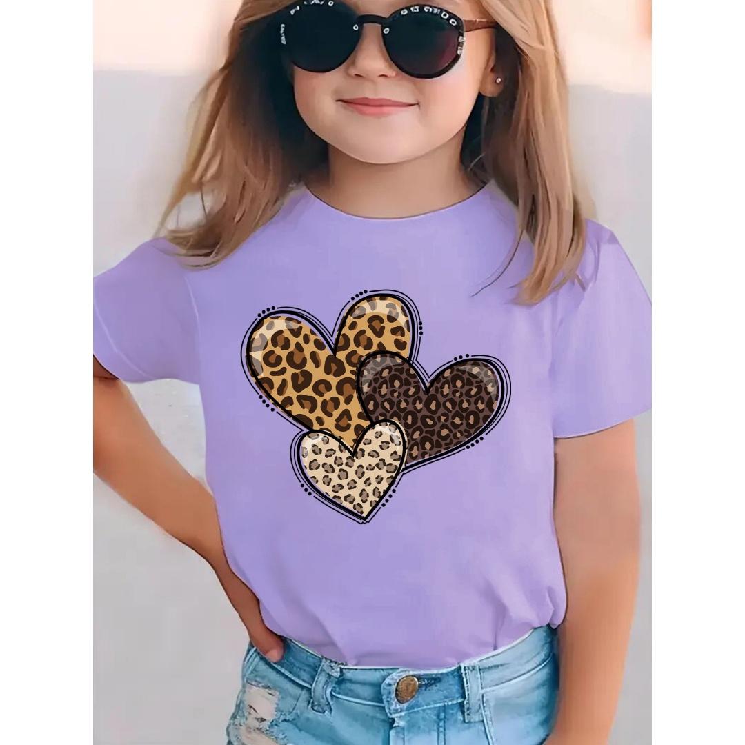 

Children Heart Print T-Shirt Leopard Love Heart Trend Cute Summer Round Neck Top Fashion Short Sleeve Graphic T-Shirt Clothing 100