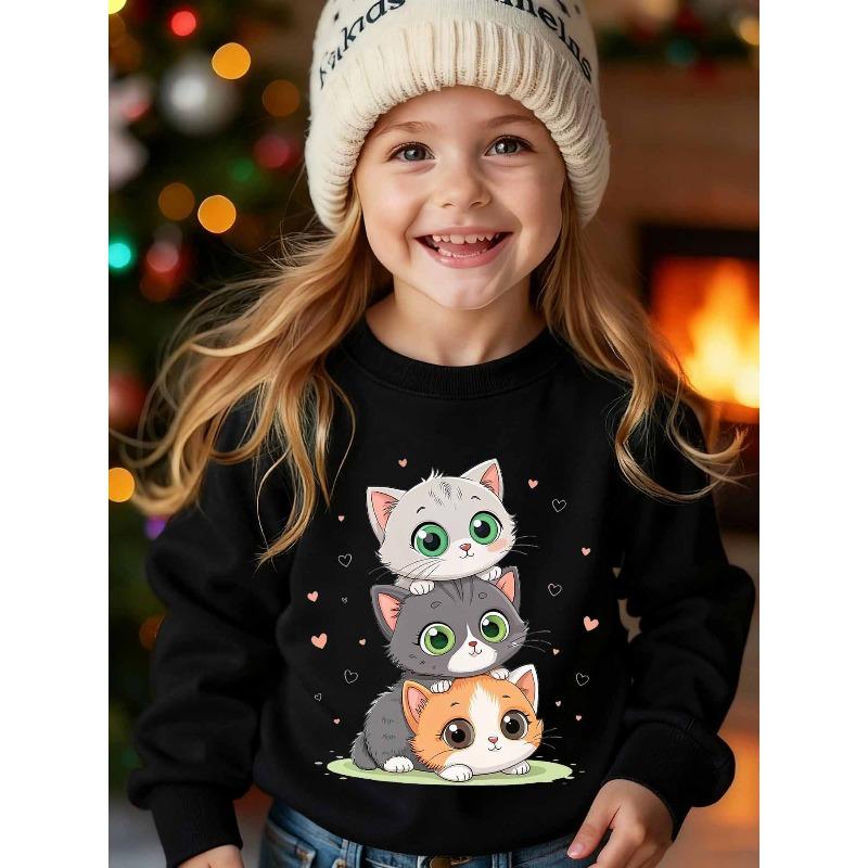 Kids Sweatshirt Autumn/Winter Fashion -Lined Sweatshirt with Loose Fit, Long Sleeves, and Prints of Three Kittens Climbing Together