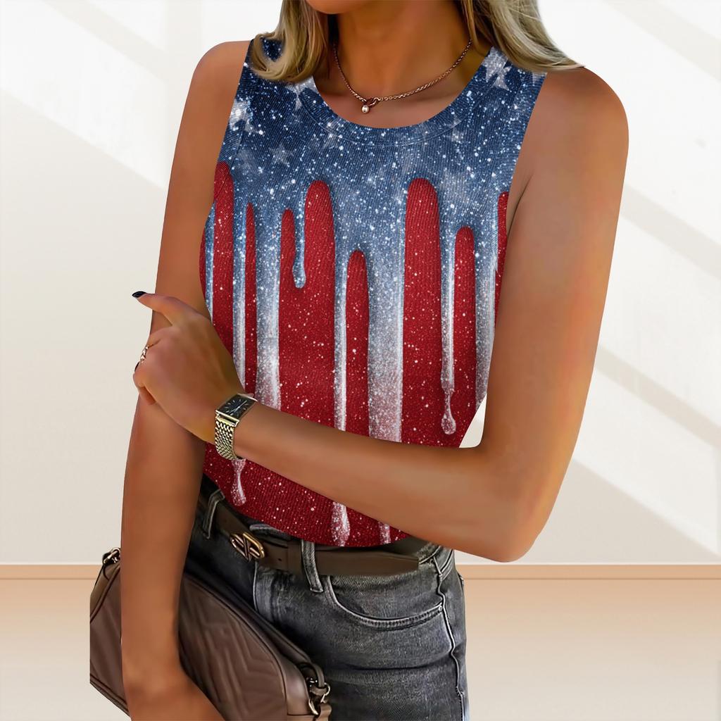 Women's Summer Fashionable Casual Independence Day Printed Round Neck Sleeveless Top Fitted Vest