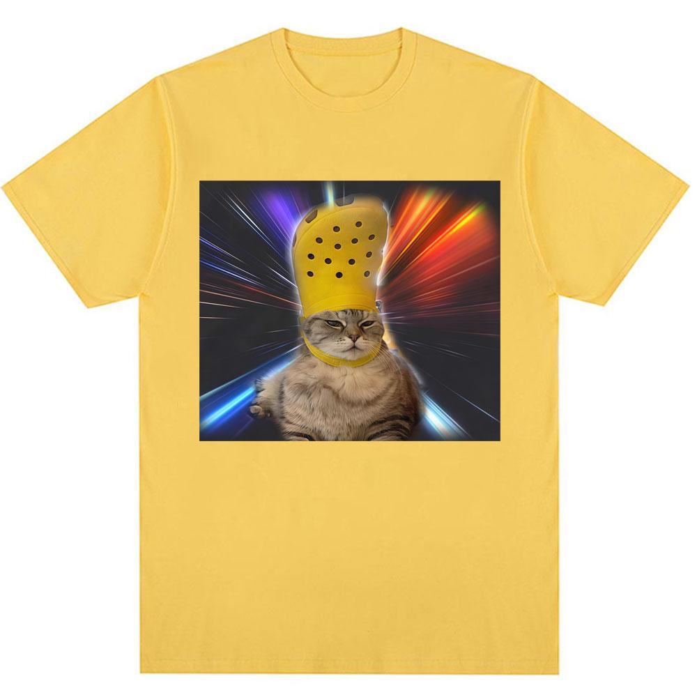 Funny Cat with Croc on Its Head Meme T Shirt Men Women Humor Popular Joke T-shirts Personality Oversized Cozy Cotton O-Neck Tees
