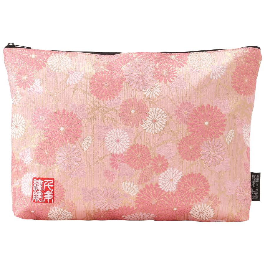 Senshishuin Nishijin Brocade Stamp Book Case and Chrysanthemum LL Size Pouch/Shrine (Lined) - Peach, Sasagi, Design,