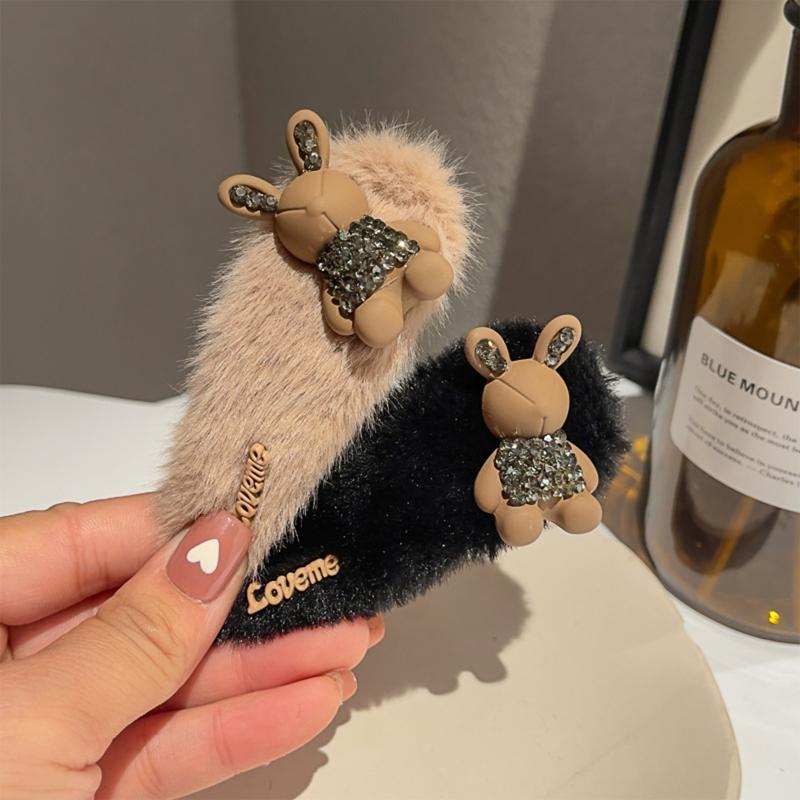 Rabbit Shape Hairpin Lovely Female Rhinestones Bunny Plush Clip Headdress Lolita Hair Barrette Nonslip Hair Clip for