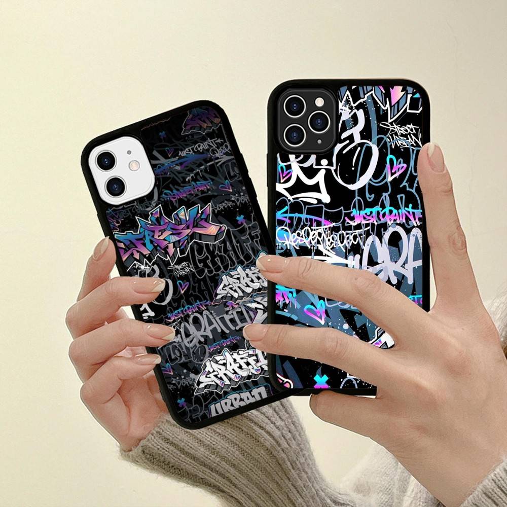 Cool Black Graffiti For iPhone 17 16 15 14 13 12 11 Mini Pro Max Plus PC+TPU Back Phone Cover