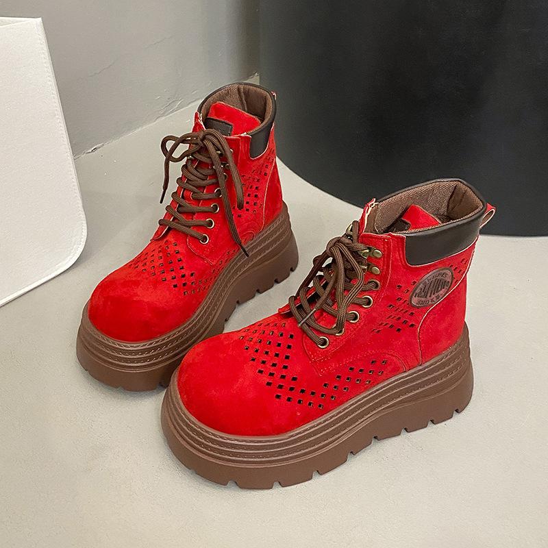 

Британский стиль ретро полированные ботинки Мартин женские 2025 новые полые дышащие на толстой подошве альпинистские рабочие модные ботинки 40 красный