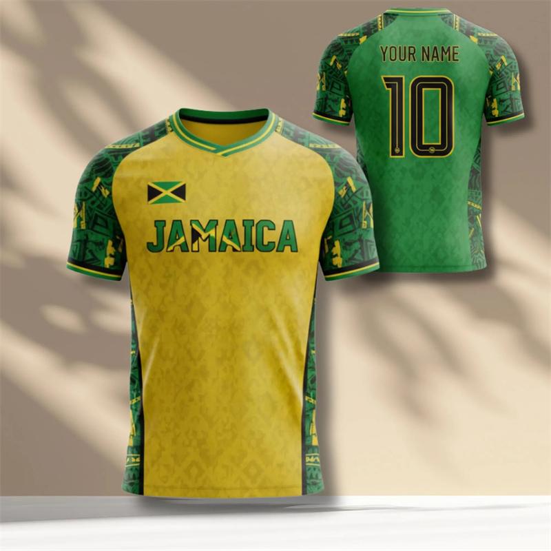Jamaican Flag Color Football T-shirt For Men's Comfortable Run Sport Short Sleeve T Shirt  Custom Name Number Personality Tee