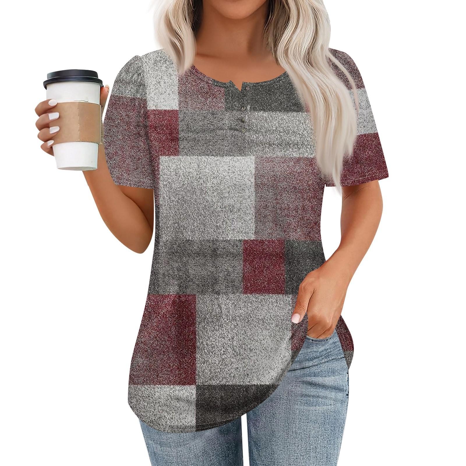 

Женский модный повседневный короткий рукав пуловер с принтом на пуговицах и круглым вырезом XL красный