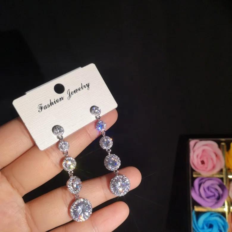 Fashion Female Crystal Round Cut Drop Earrings AAA Zircon 100% Sterling Silver Filled Wedding Long Dangle Earrings