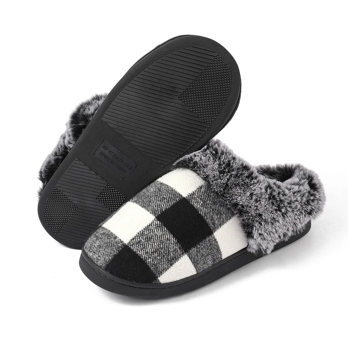 

Plaid Warm Cotton Slippers Women Plush Non Slip Winter Home Shoes Woman Lightweight Soft Sole Unisex Faux Fur Indoor Slippers 44-45 черный белый
