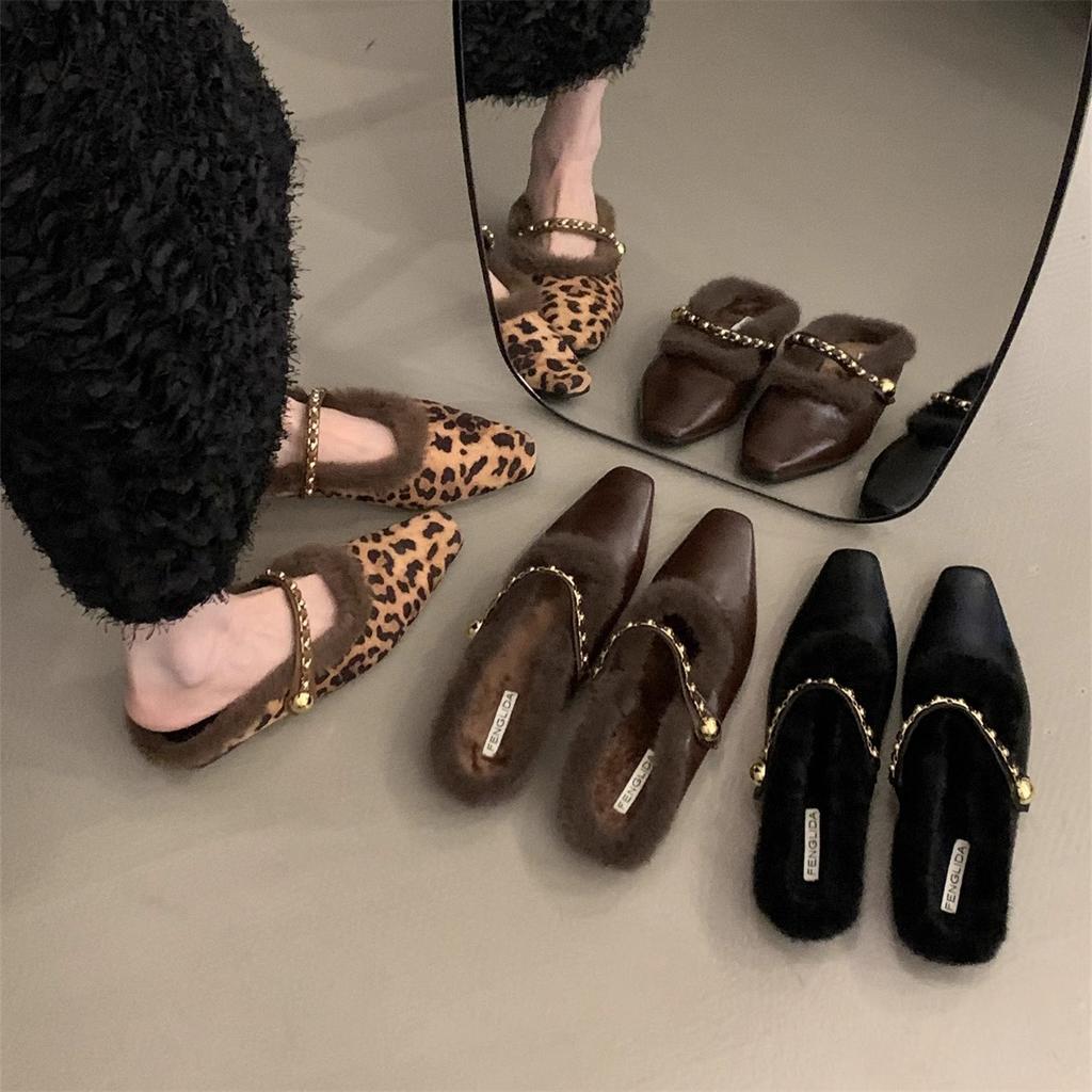 Thick heel French small fragrant wind fluffy slippers women's shoes 2025 new autumn and winter bag head half slippers velvet cotton shoes