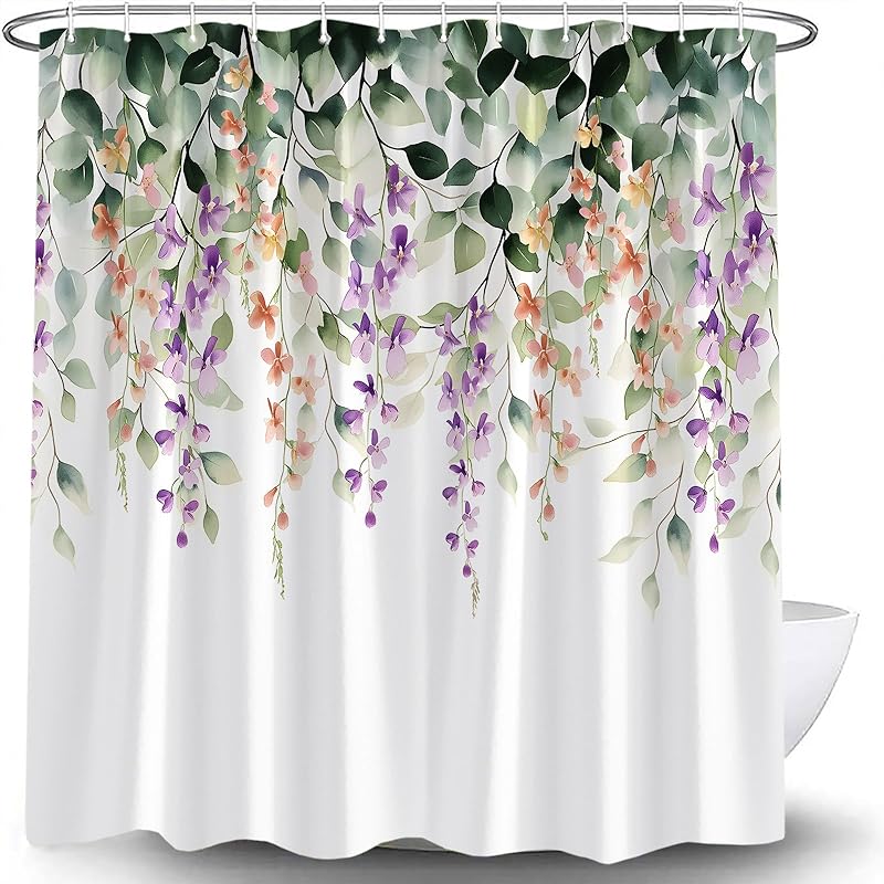 

Green Leaves Floral Shower Curtain Pink Purple Watercolor Flower Plant Sage Green Eucalyptus Rustic Botanical Spring Nature Country Fabric Bathroom 70 W x 70 L (Pack of 1)