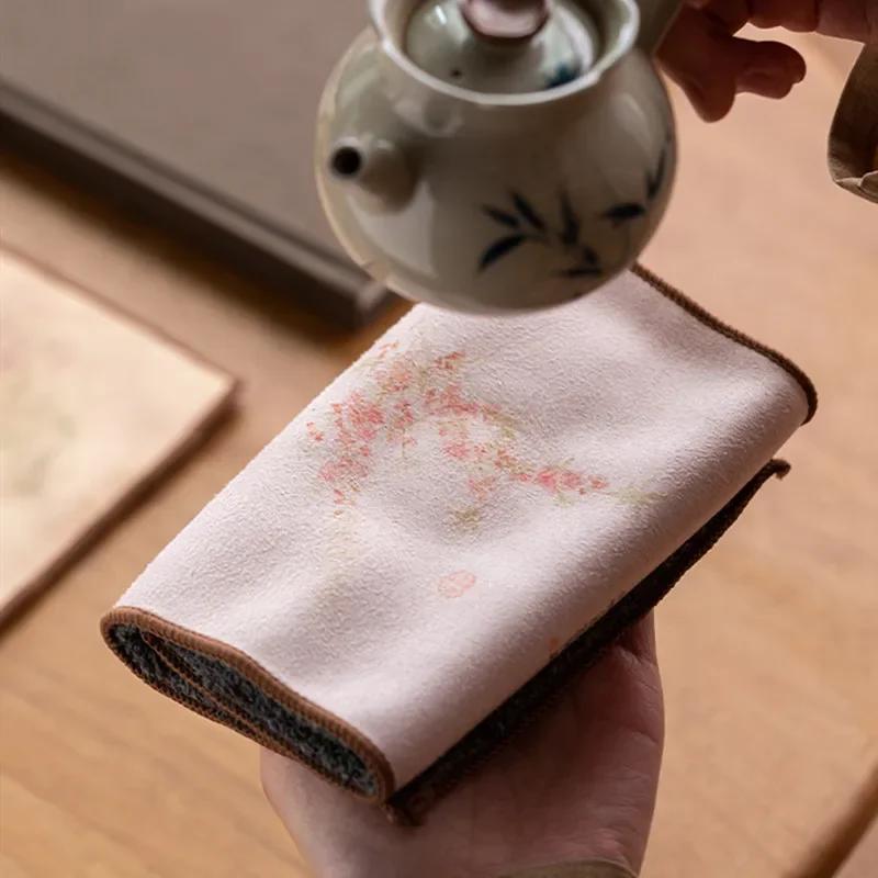 Chinese Flower Pattern Tea Towel Plush Absorbent Water Rag Tea Napkins Coaster Imitation Deerskin Towel Tea Set Accessories